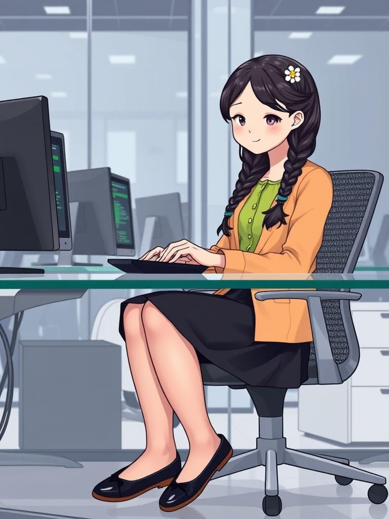Kawaii-Style Software Developer in Modern IT Office