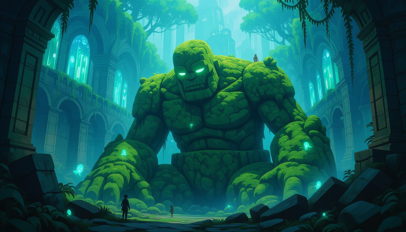 Mossy Golem Slumbers in Bioluminescent Jungle City