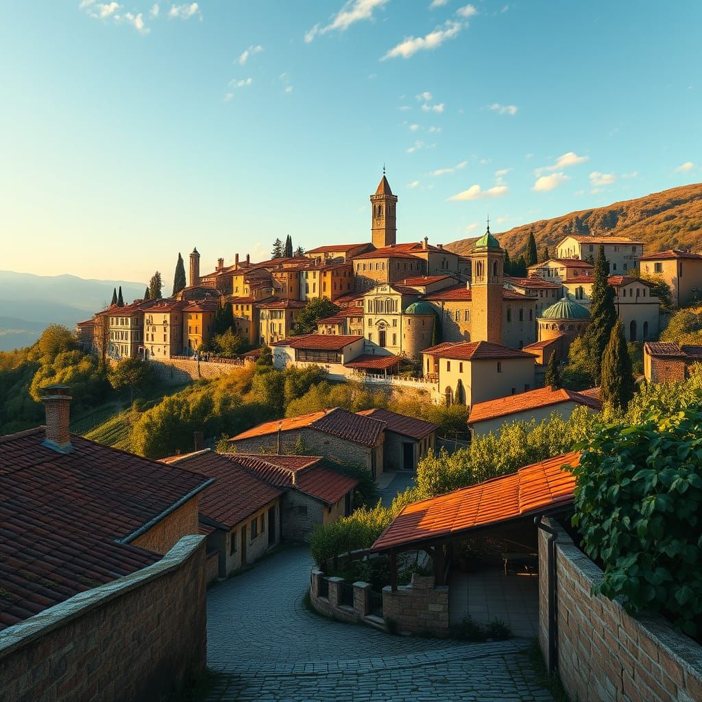 Italian Hill Village in Golden Sunlight