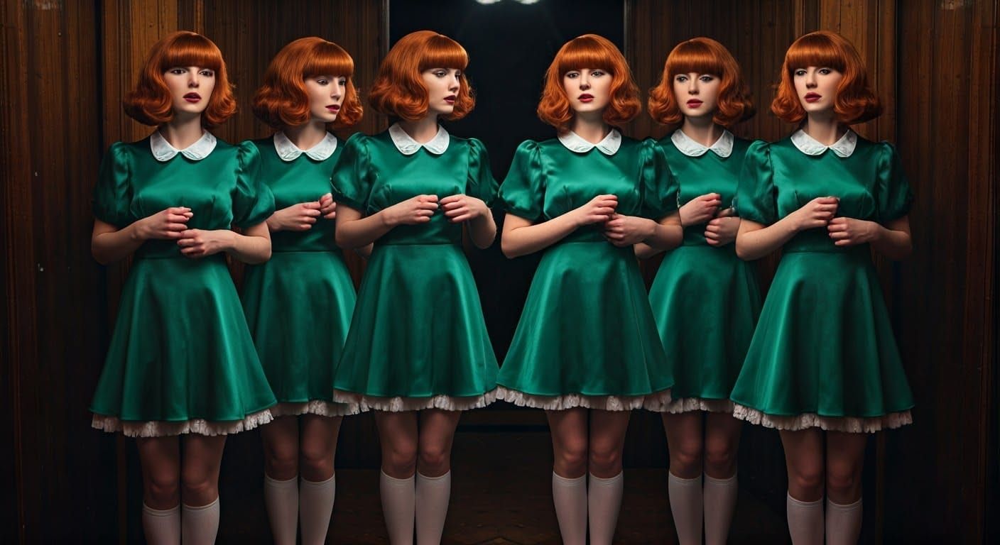 Six Women Adjusting Vintage-Inspired Green Satin Dresses in....