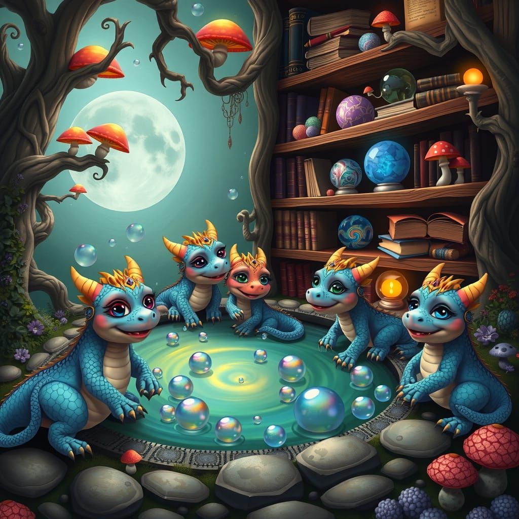 Vibrant Realm of Iridescent Dragons and Whimsical Bookshelve...
