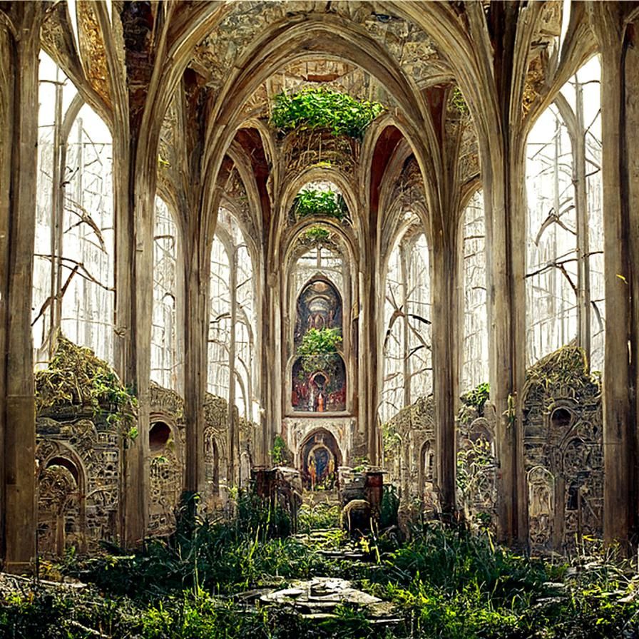 Cathedral Ruin Reclaimed by Nature: Hyperrealistic Interior