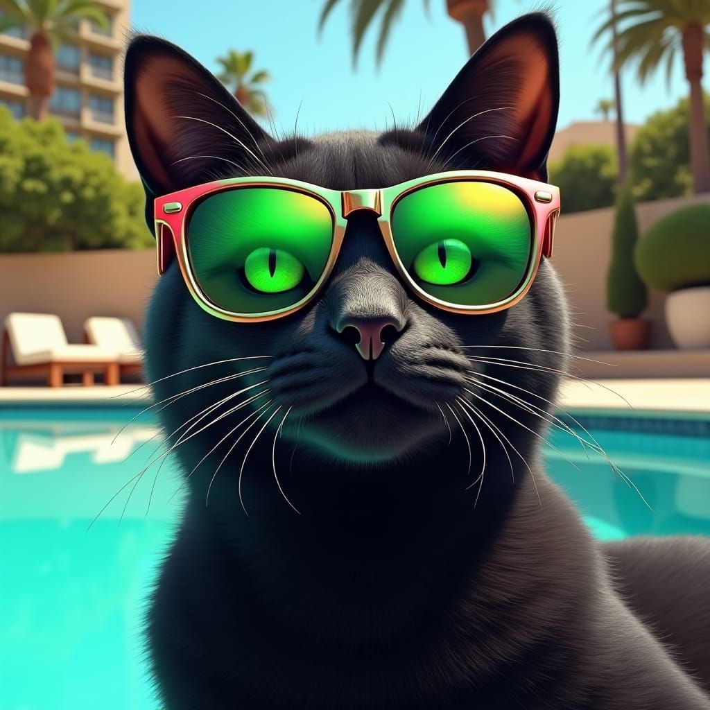 Cool Cat Lounging Poolside in Cyberpunk Style