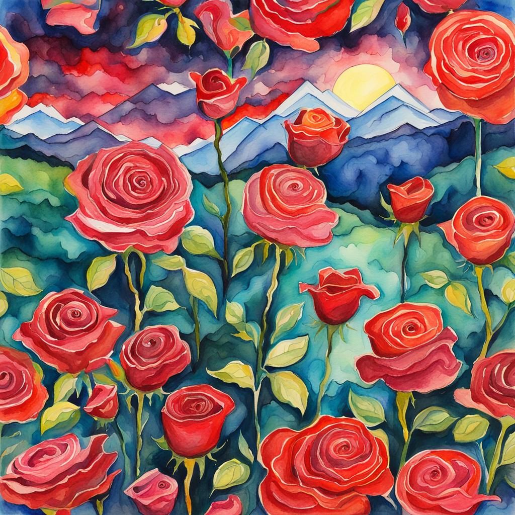 Maximalist Rose Landscape in Watercolor and Acrylic
