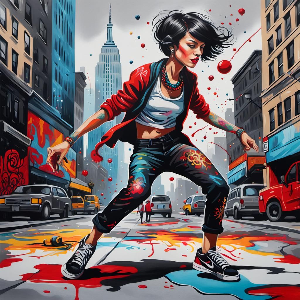Woman Breakdancing in Vibrant Street Art Style