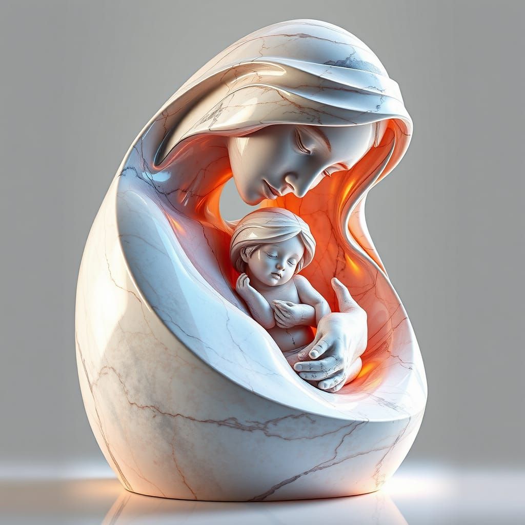 Surrealist Masterpiece of Mother and Child in Polished Marbl...