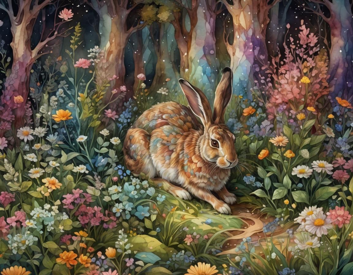 Hare in Watercolor Wonderland with Abstract Fractals
