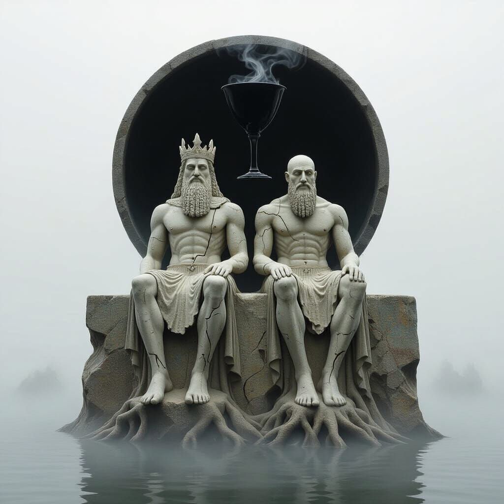 Gilgamesh and Enkidu in Surreal Fog