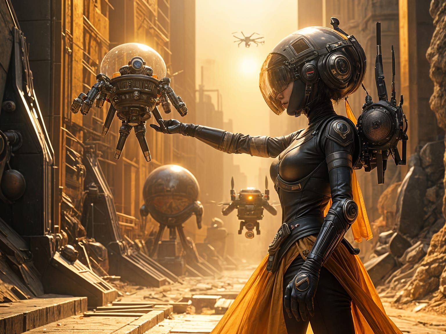 Woman Receives Drone in Golden Hour Flight