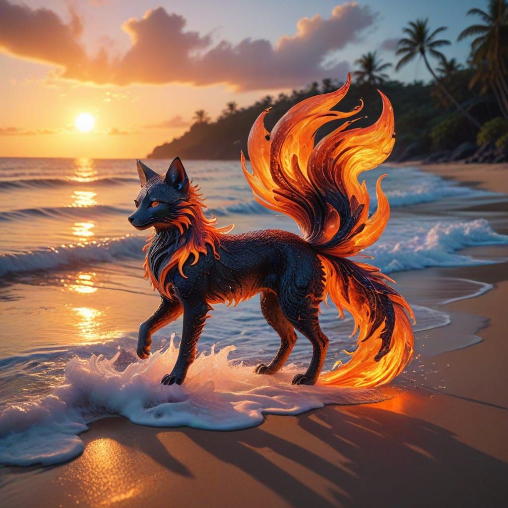 Lava Kitsune on Tropical Beach at Sunset
