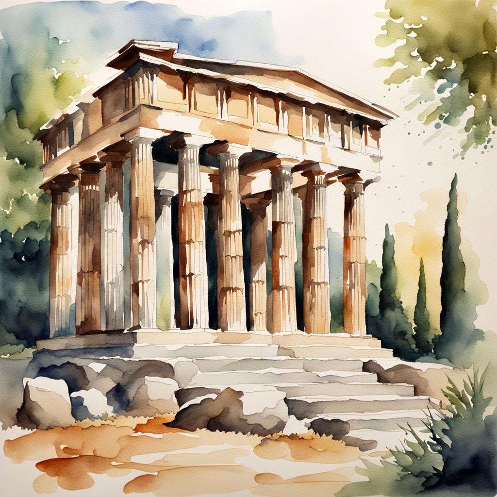 Greek Temple in Watercolor Style