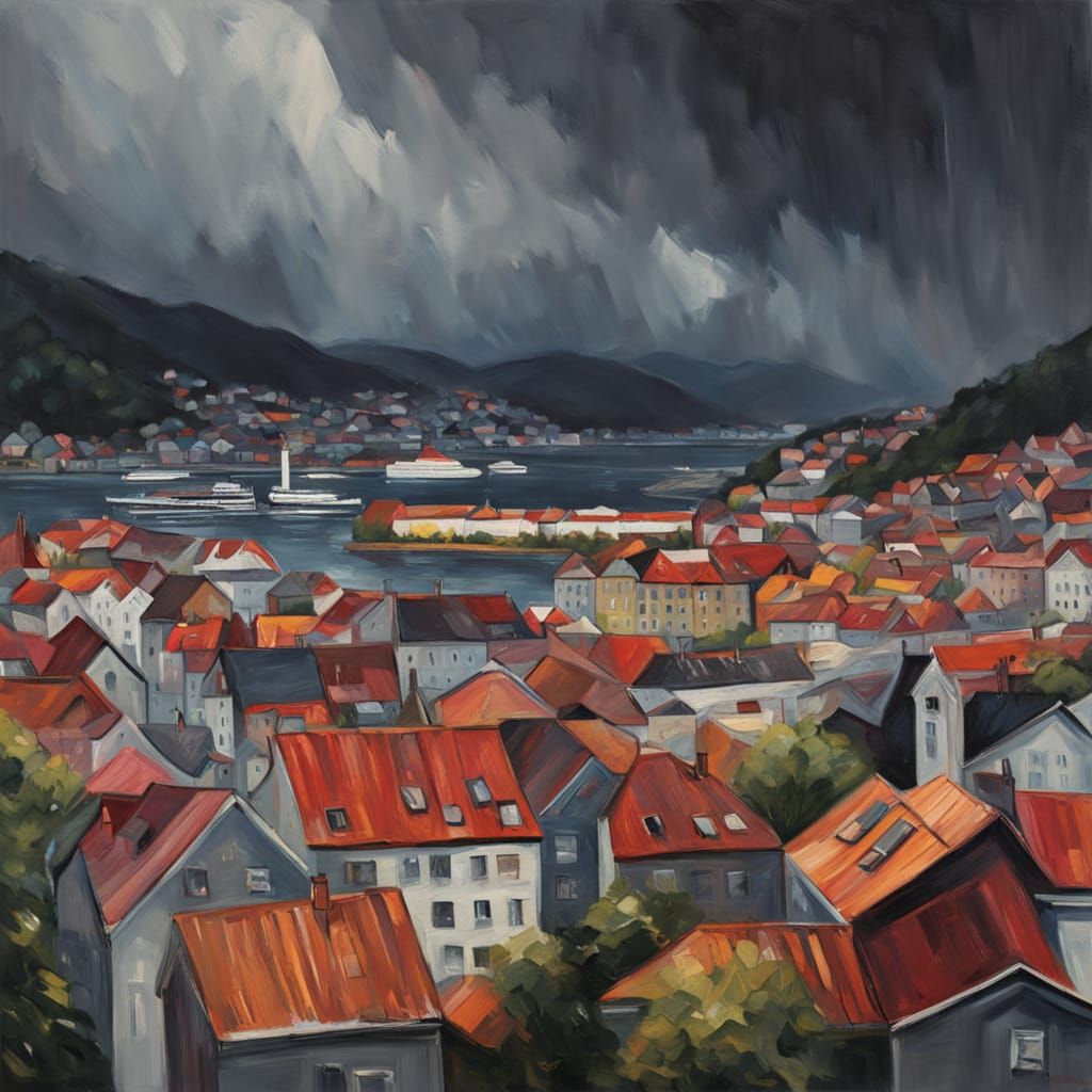 Bergen Norway Oil Painting with Textured Brushstrokes