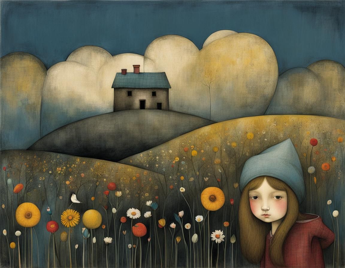 Whimsical Portrait of a Young Girl in Folk Art Style