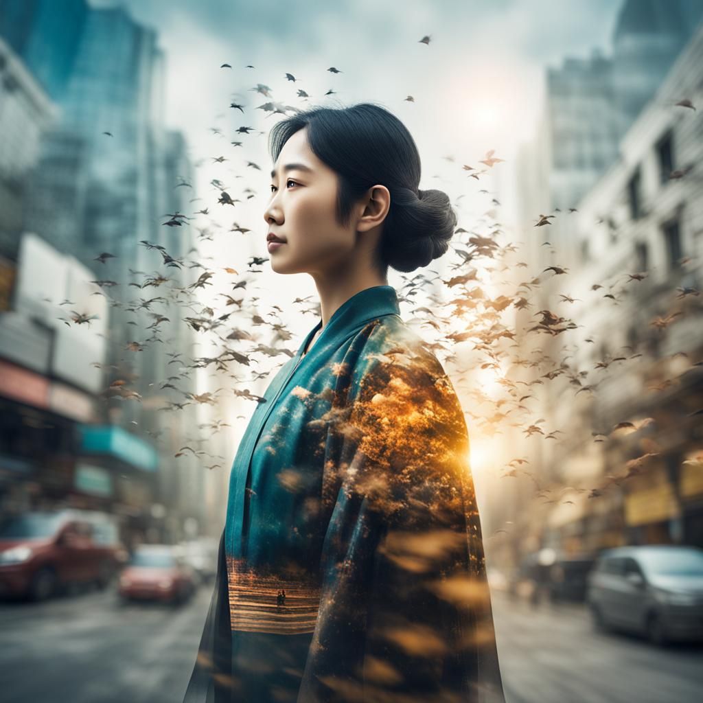 Resilient Asian Woman: Double Exposure Portrait