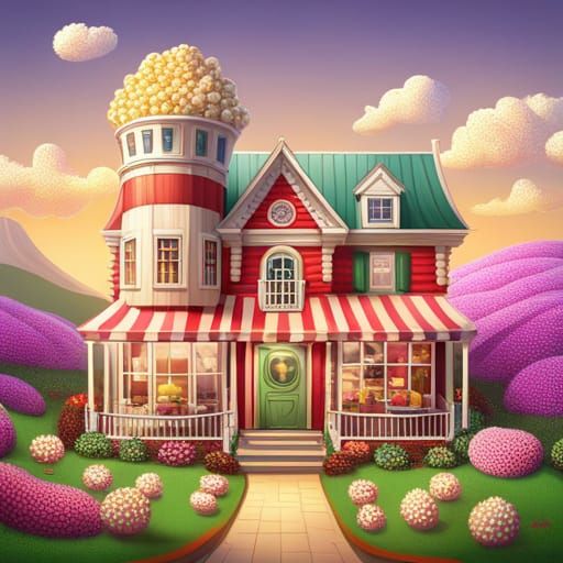 Whimsical Popcorn House in Candy Art Style
