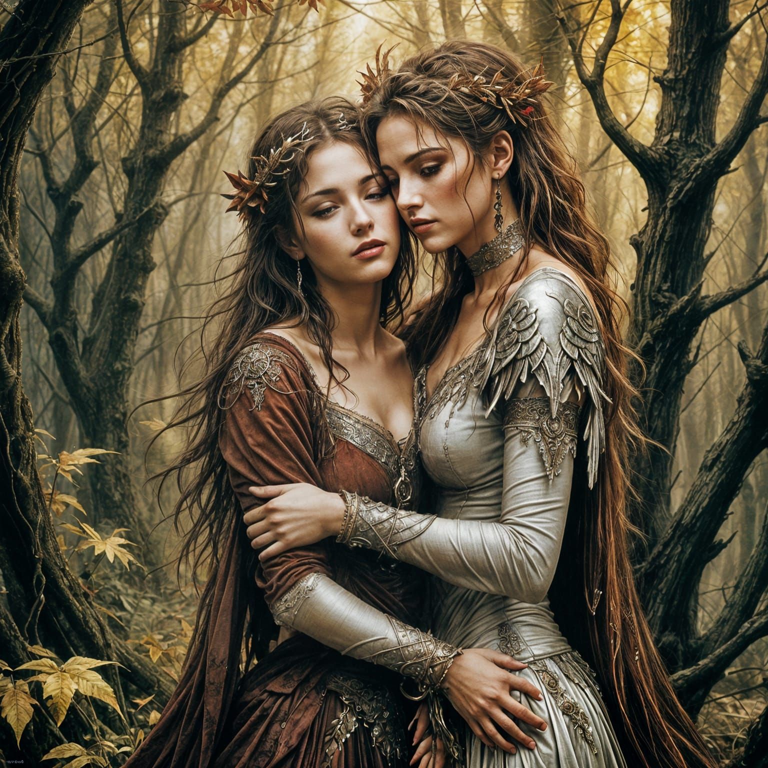 Two Women in a Romantic Surrealist Embrace