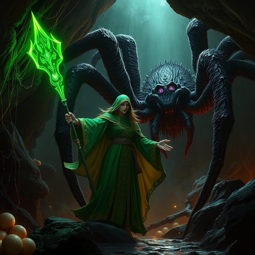 Mage vs Spider: Dark Fantasy Cave Battle