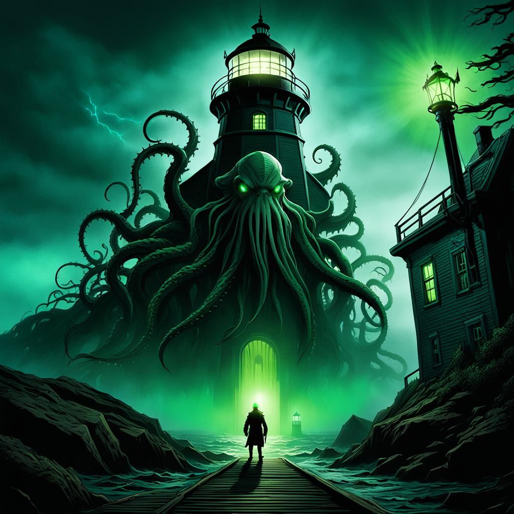 Cthulhu Monster Approaches Eerie Lighthouse
