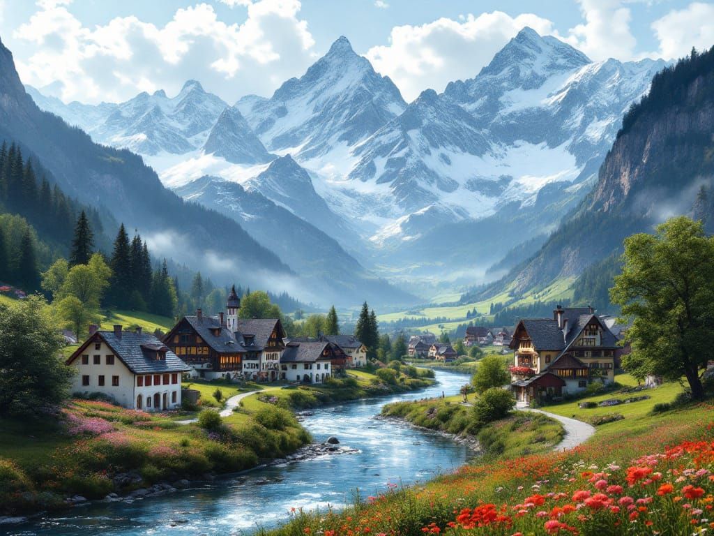 Medieval Bavarian Village by Alpine Peaks