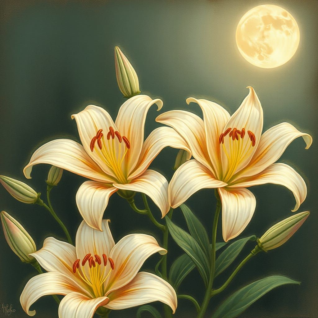 Moonlit Lilies in Whimsical Storybook Landscapes