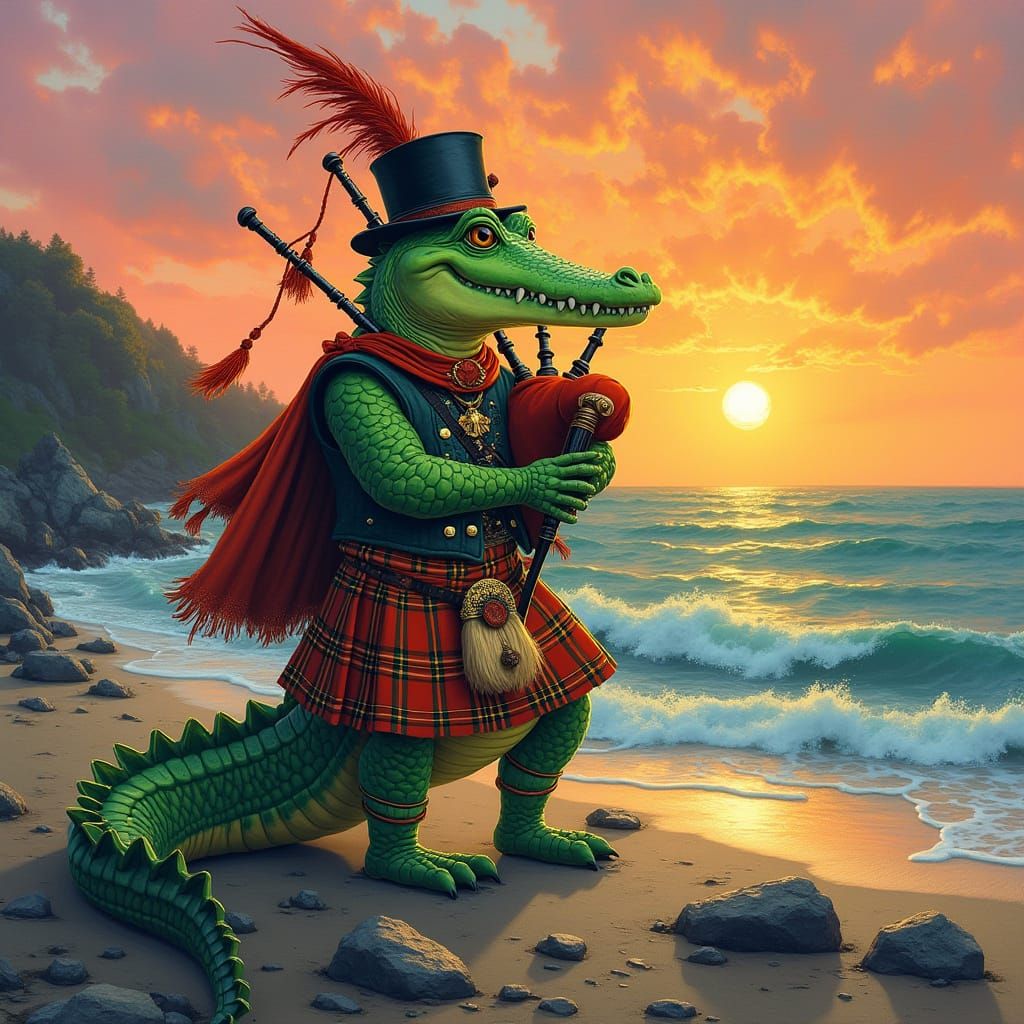 Alligator Bagpiper at Sunset: Surreal Art