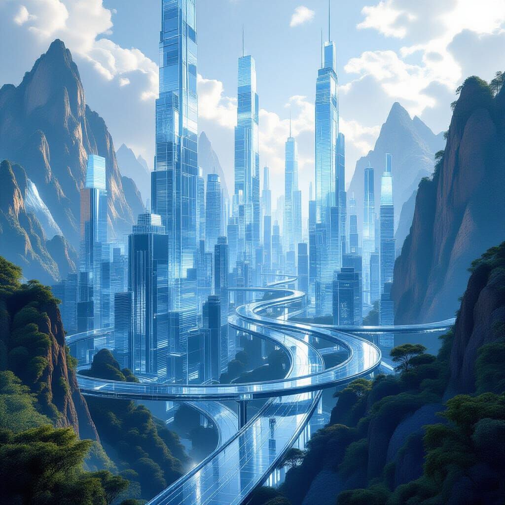 Transparent Cityscape with Crystal Mountains and Roads
