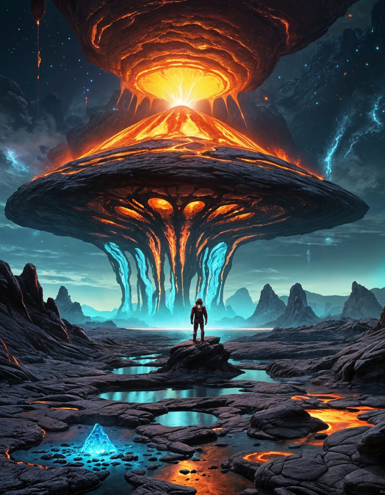 Fire-Red Alien on a Burning Planet in Sci-Fi Style