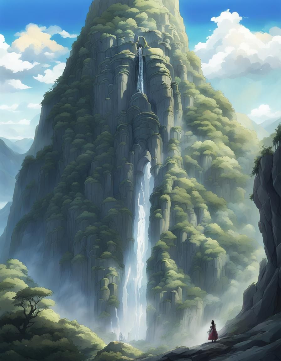 Ancient Goddess Statue with Waterfalls, Anime Style