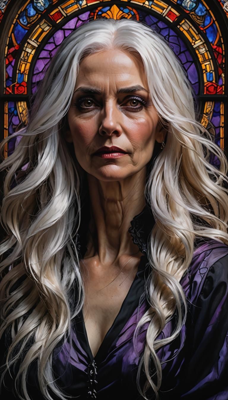 A beautiful middle aged woman with a gothic, grunge vibe.