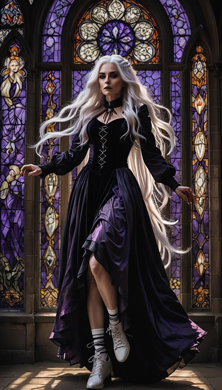 A beautiful middle aged woman with a gothic, grunge vibe.