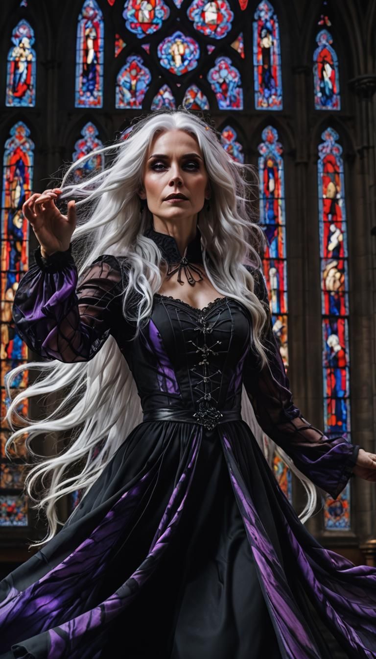 A beautiful middle aged woman with a gothic, grunge vibe.