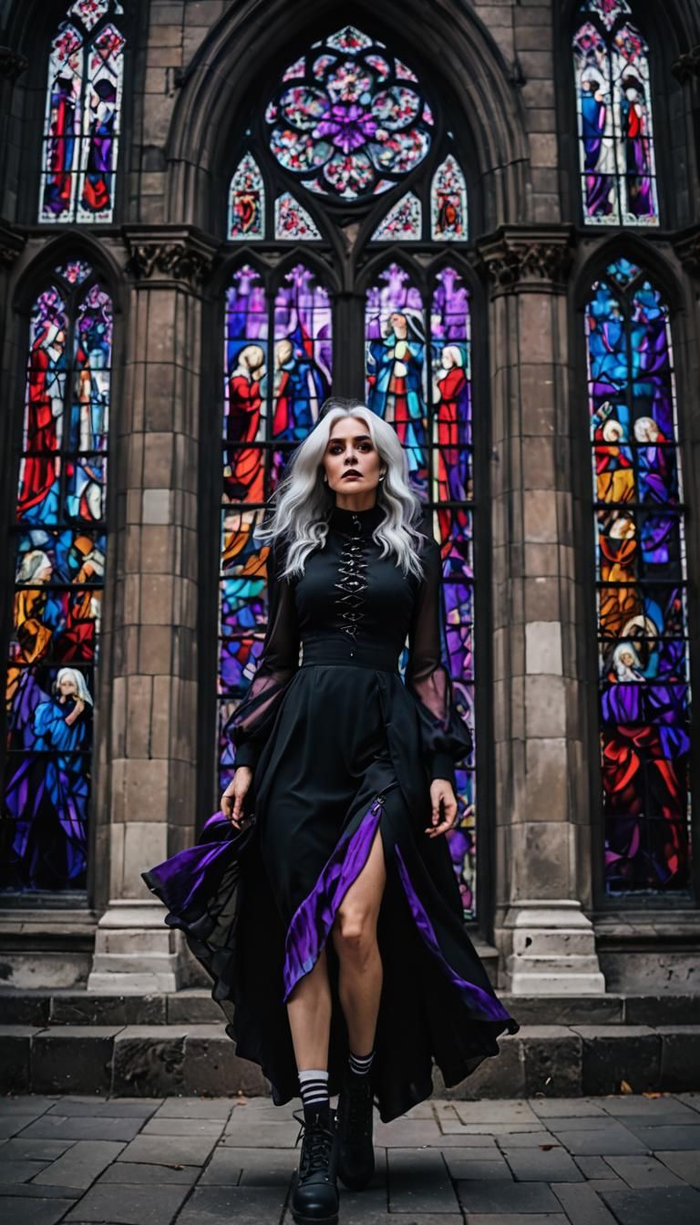 A beautiful middle aged woman with a gothic, grunge vibe.