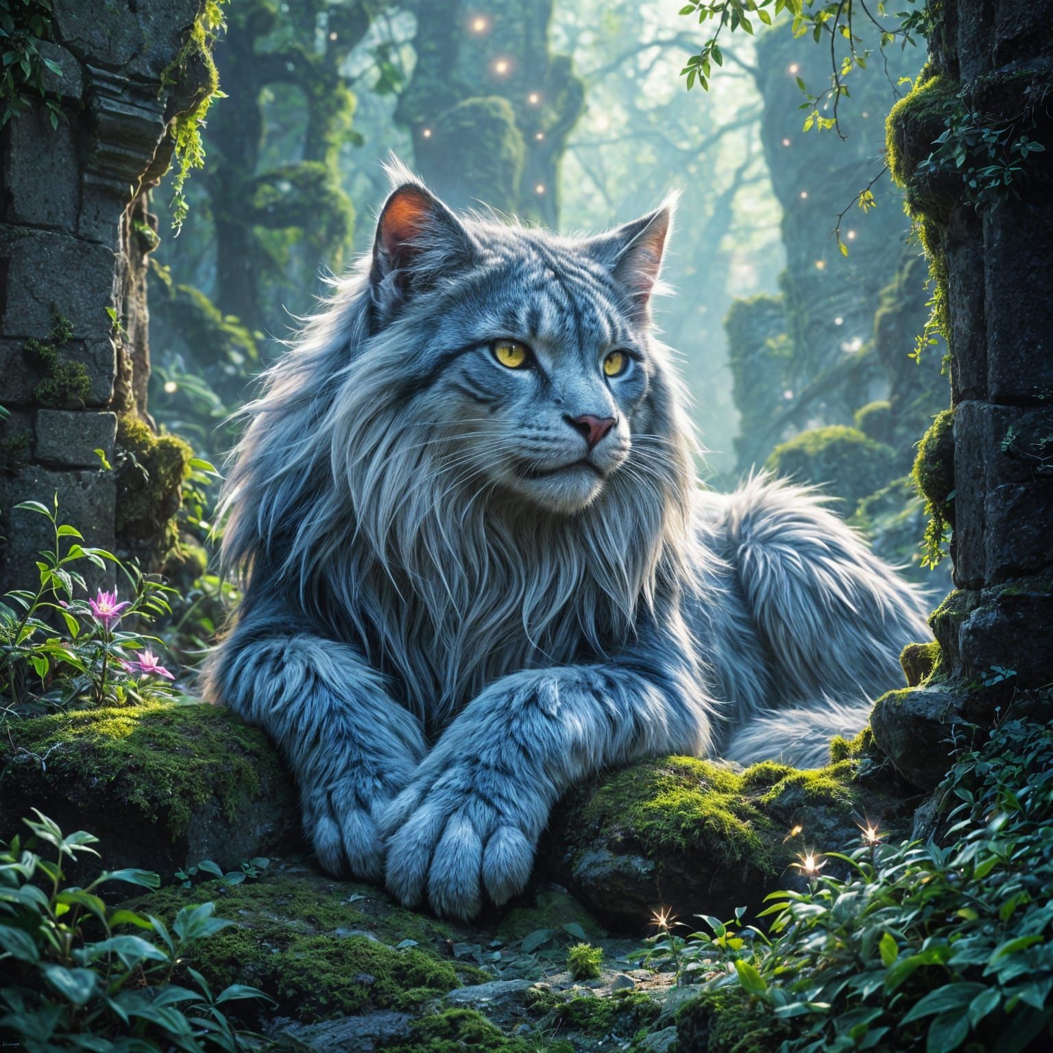 Nebula Cat in Ancient Ruins: Fantasy Concept Art