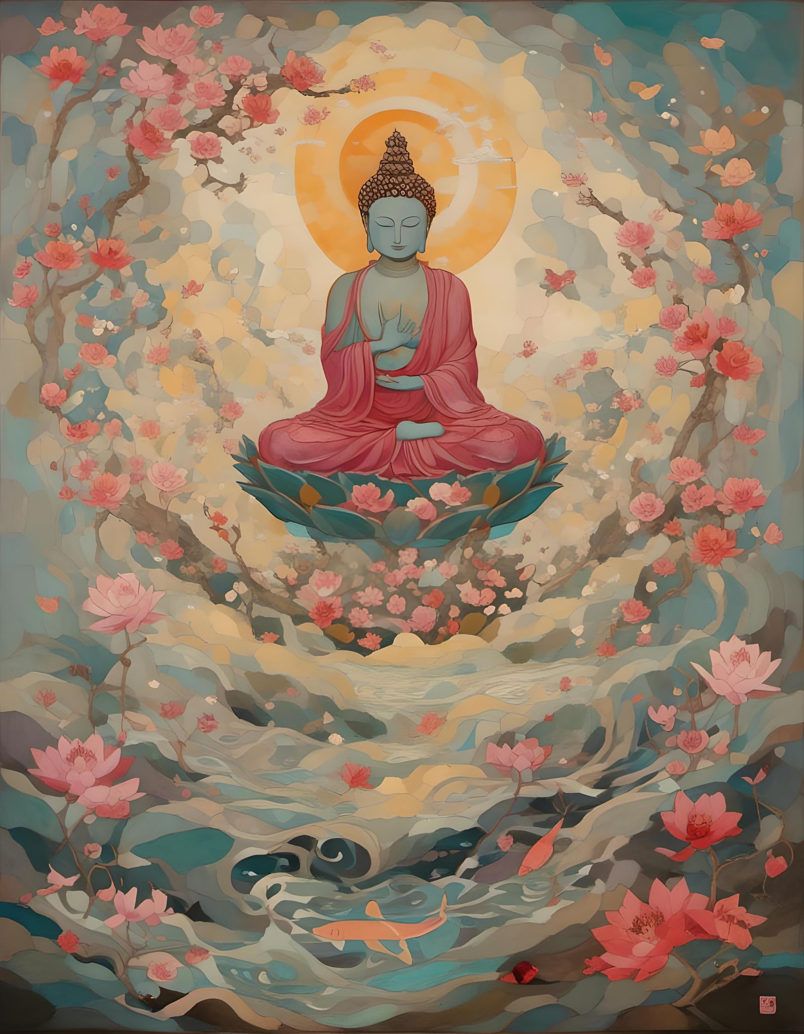 Cosmic Buddha with Lotus and Cherry Blossoms