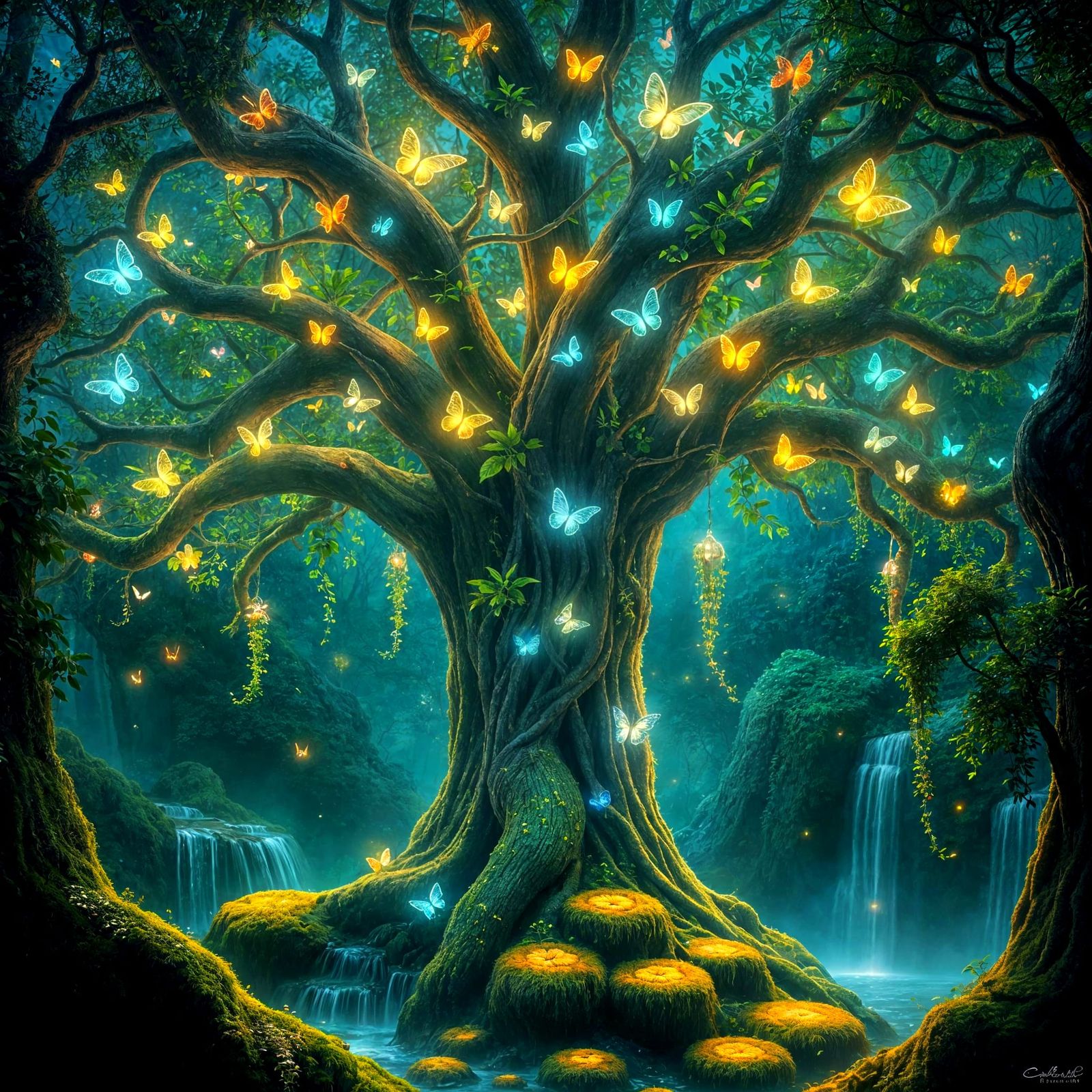 Bioluminescent Symbiosis Tree in a Vibrant, Magical Forest