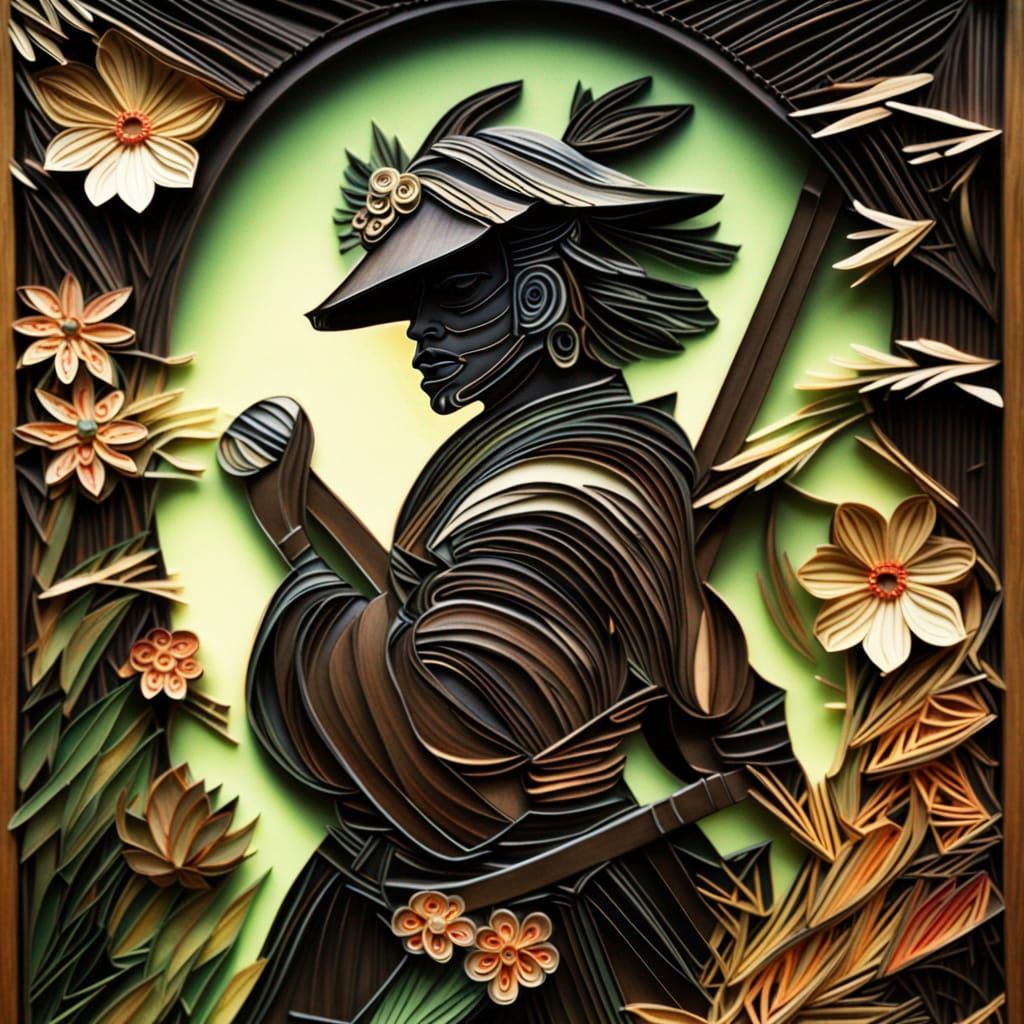 Samurai in Bamboo Forest, Alphonse Mucha Style