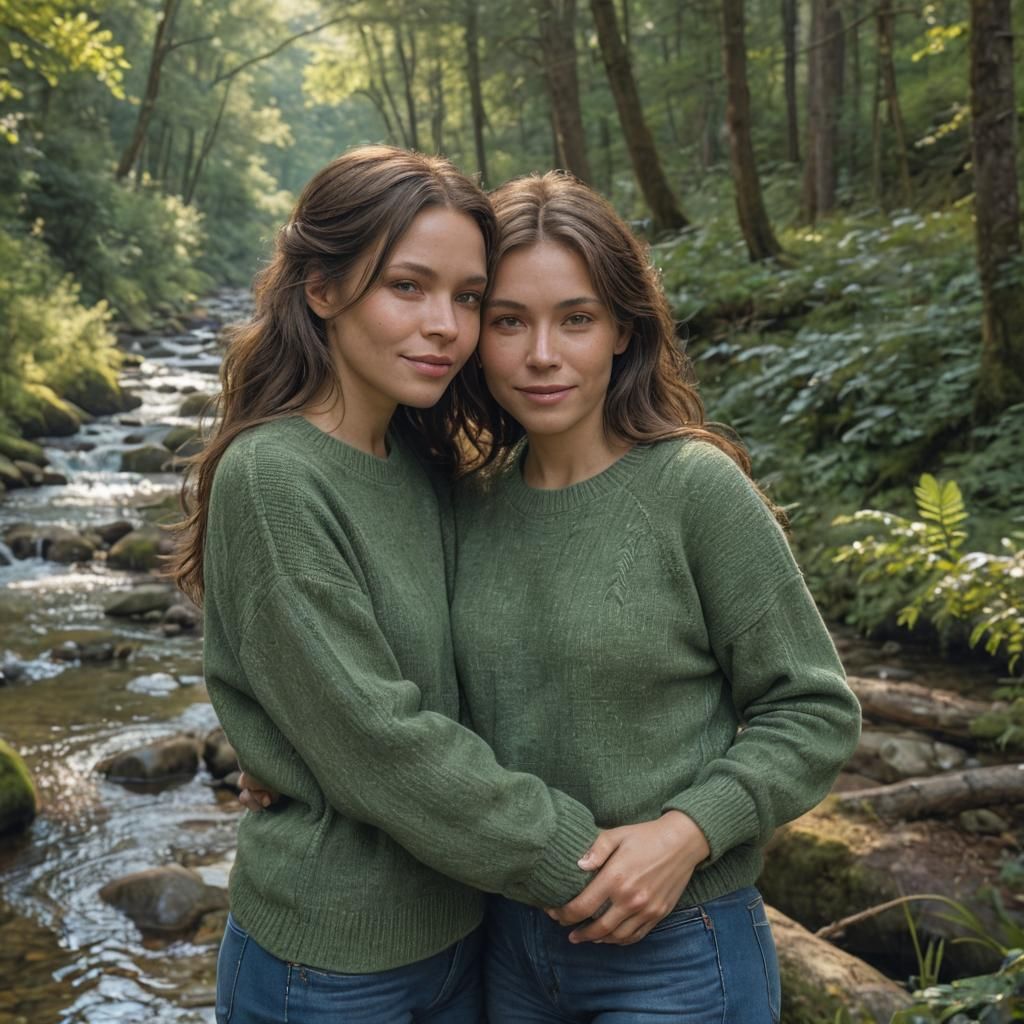 Women Cuddling in Forest: Detailed Digital Portrait