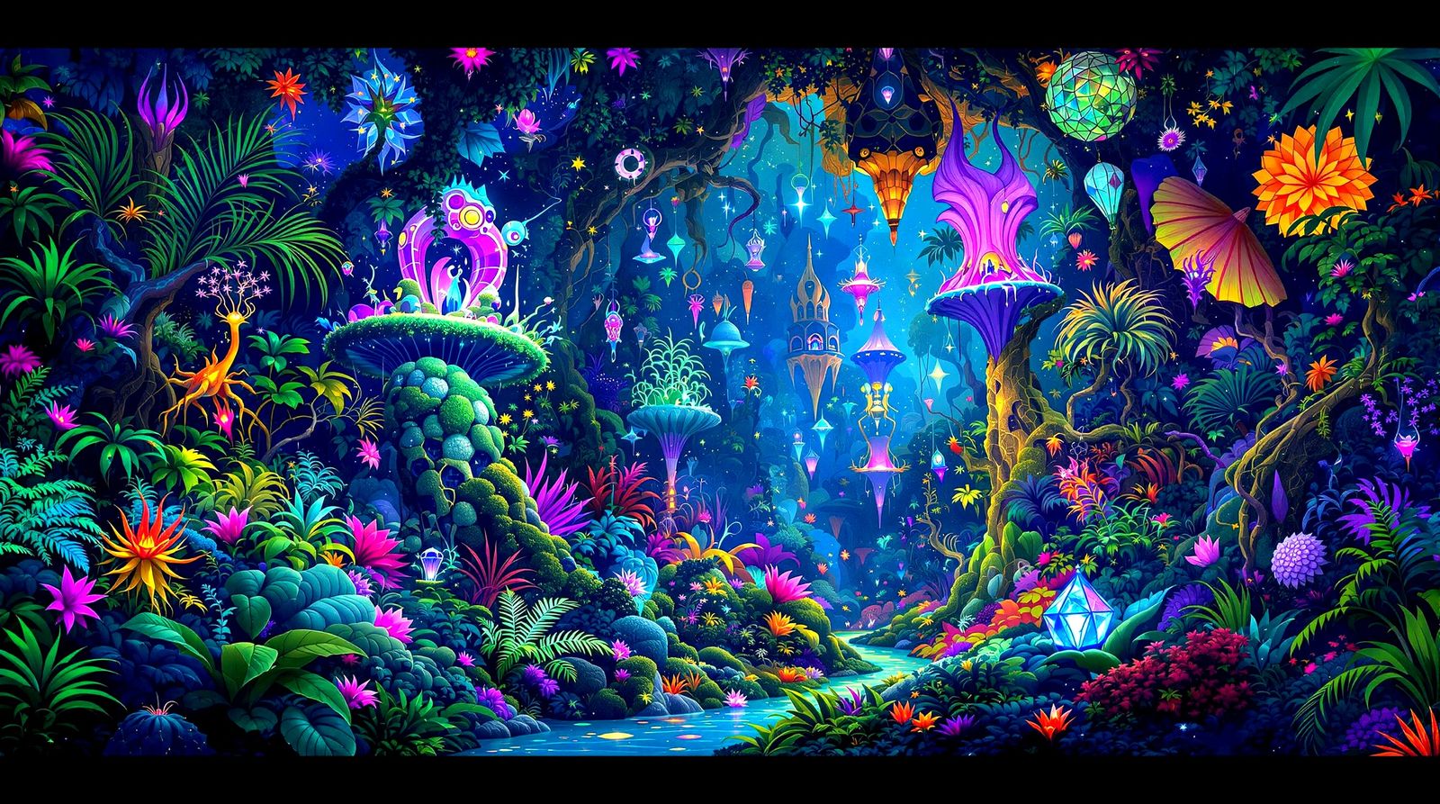 Surreal Bioluminescent Jungle with Geometric Structures