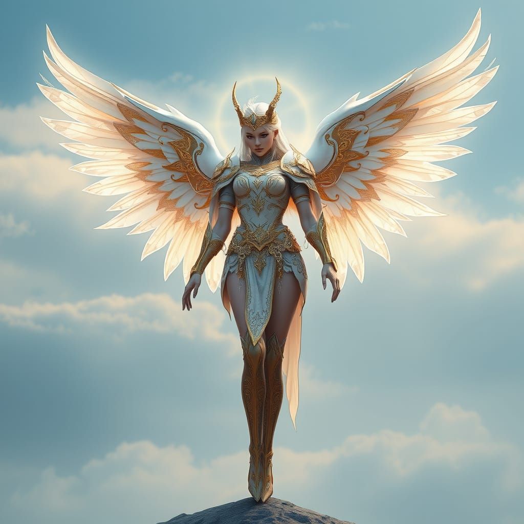 Regal Angel with Opalescent Wings and Elaborate Armor