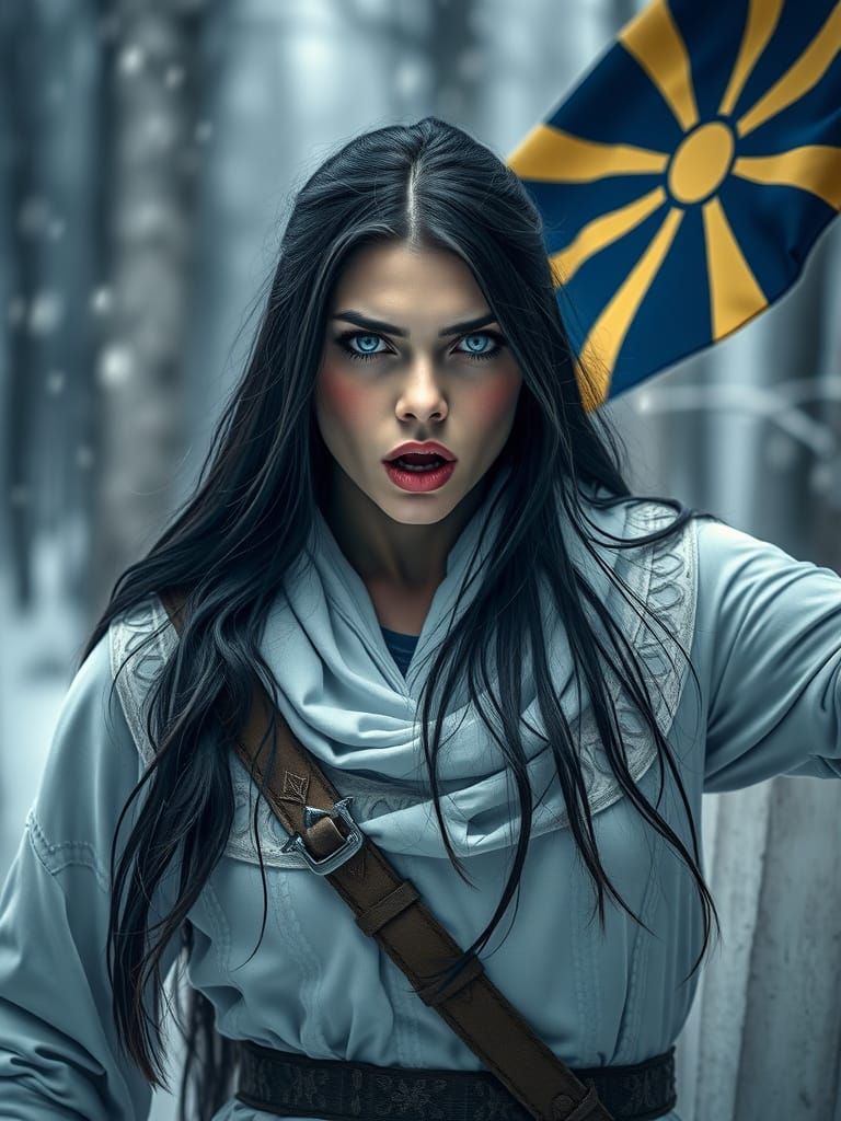 Evil Woman Warrior Screams Victory Waving Macedonian Flag