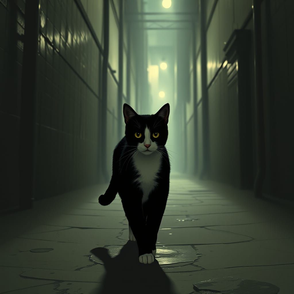 Noir Cat Strolls Down Dreamy Alleyway