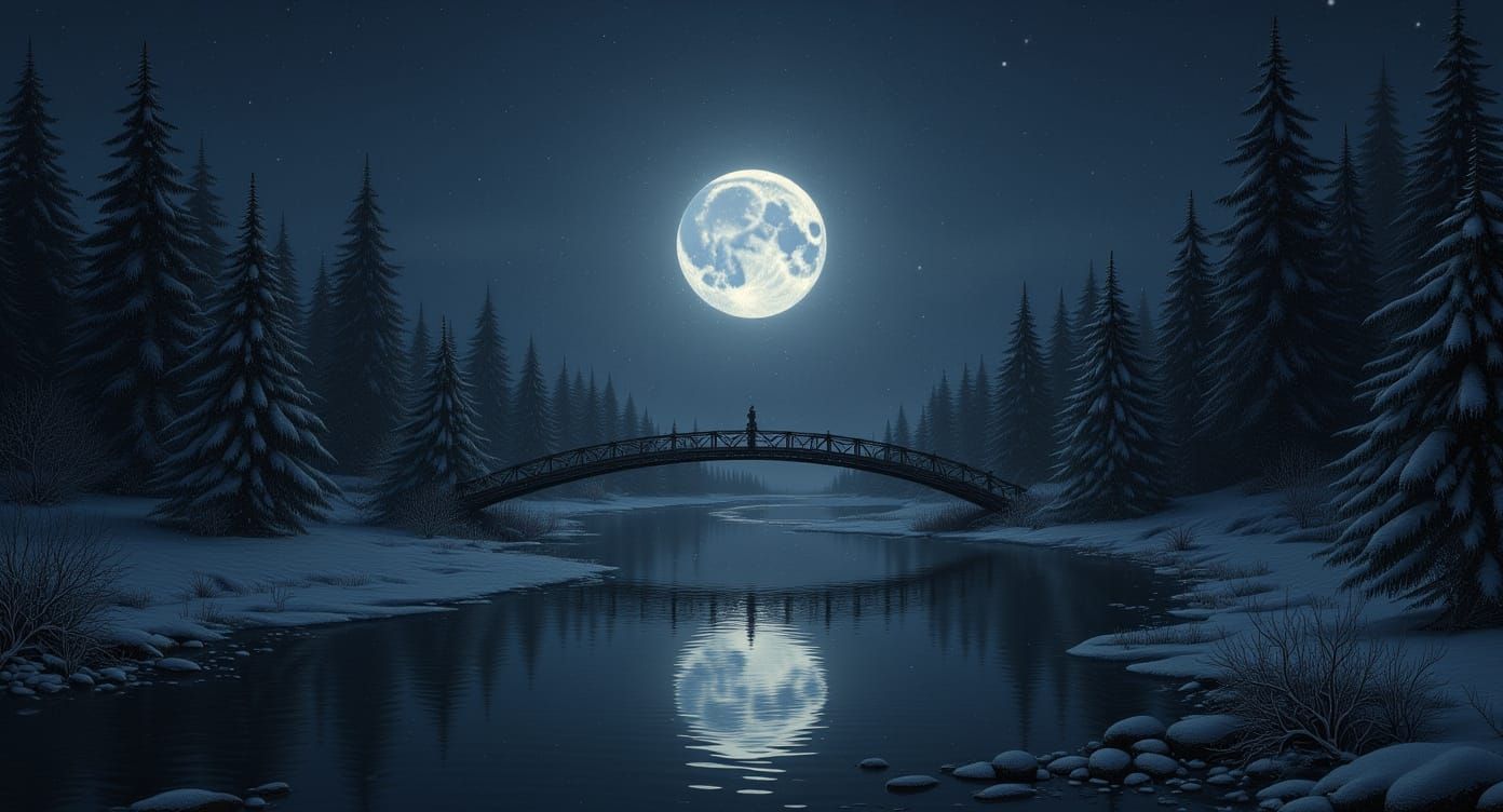 Mythical Moonlight Snowfall Over River