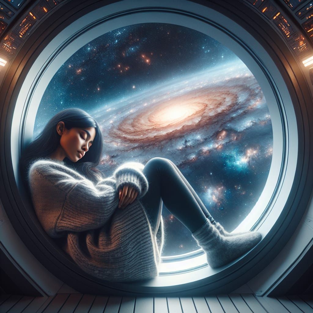 Young Woman Contemplates Cosmic Beauty Through Spherical Spa...