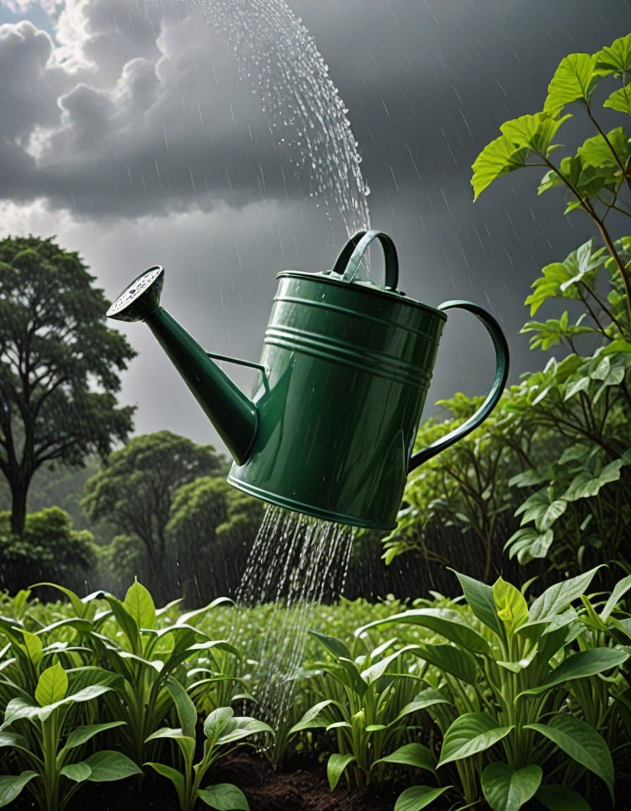 Celestial Watering Can Rains Blessing On Verdant Earth