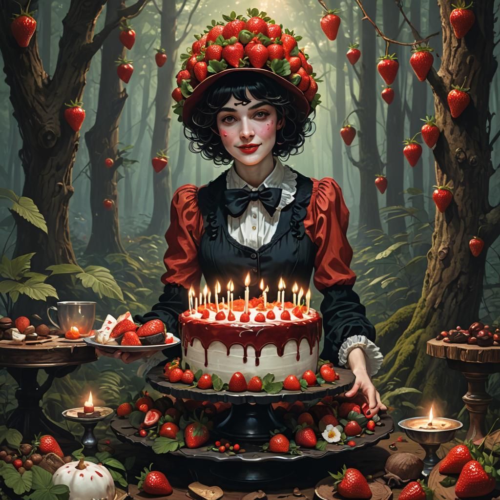 Strawberry Cake in Dark Forest, Hyperdetailed Concept Art