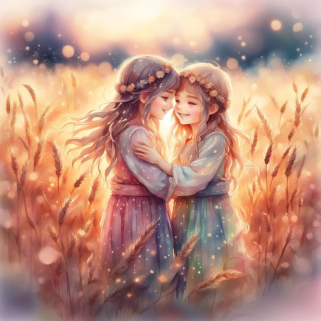 Chibi Sisters Hugging in Wheat Field Watercolor
