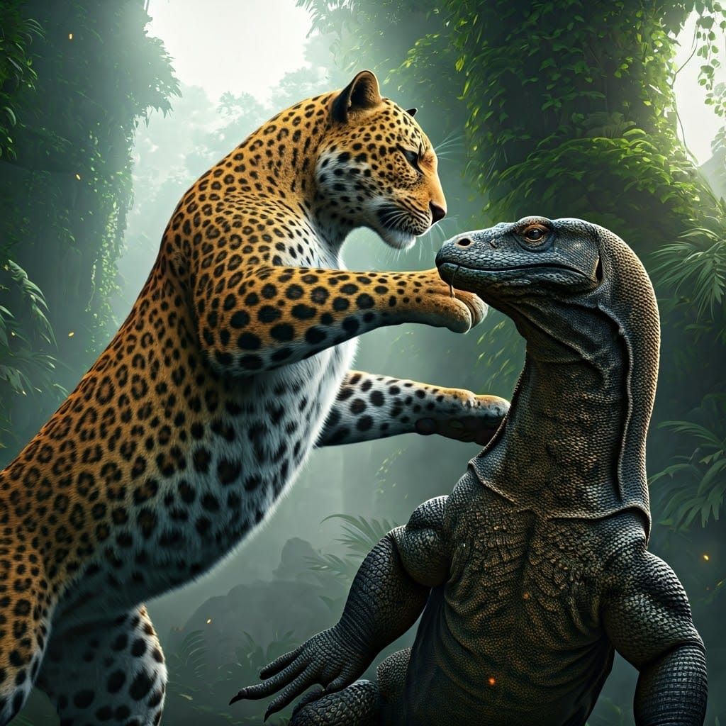 Leopard Punches Komodo Dragon in Jungle, 3D Render