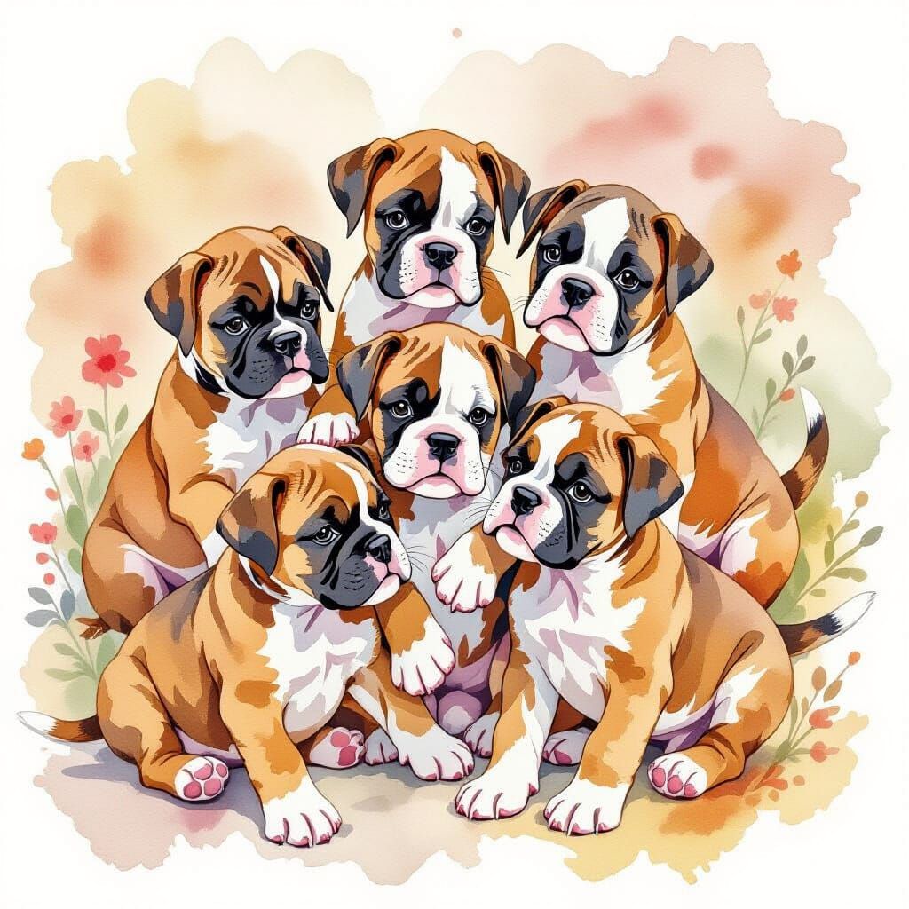 Boxer Puppies in Whimsical Watercolor Style