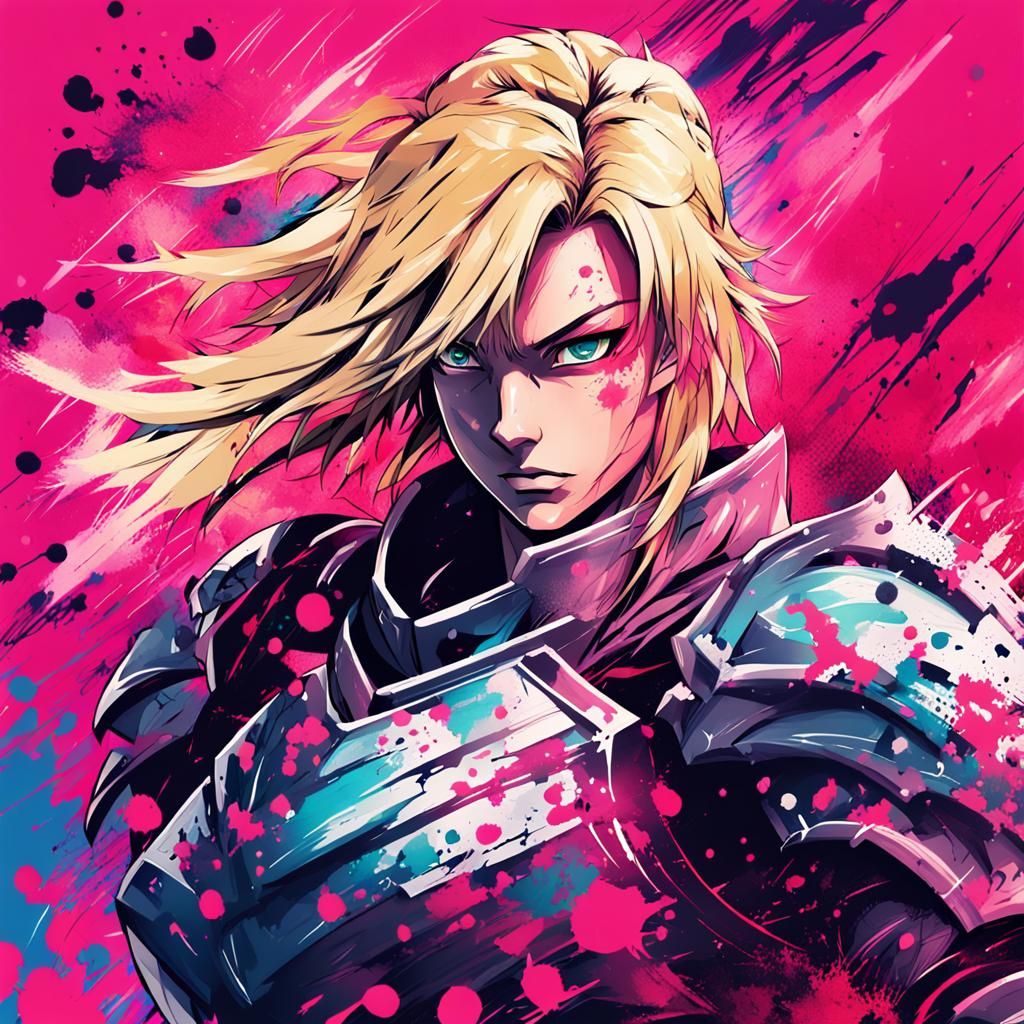 Anime Knight with Pink Ink Splatters in Studio Trigger Style