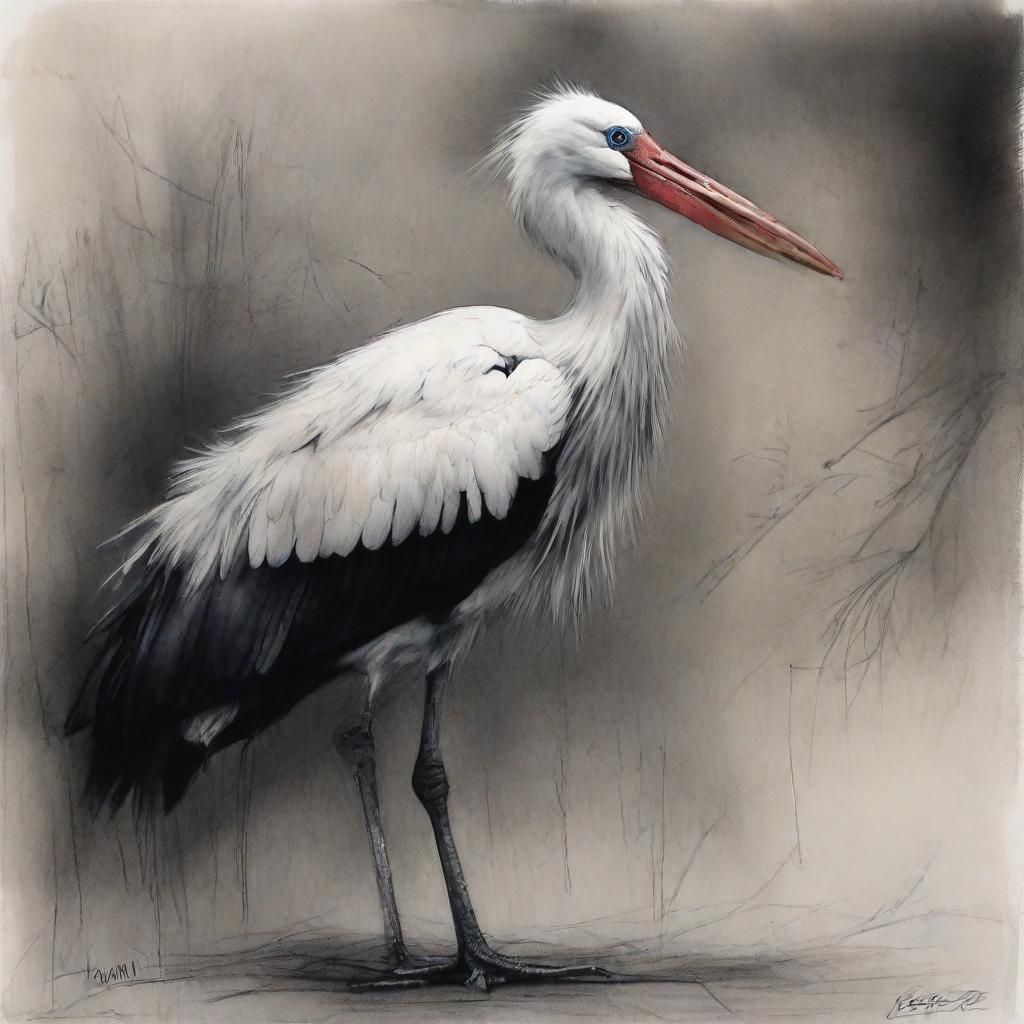 Stork in Atmospheric Charcoal and Pencil Sketch